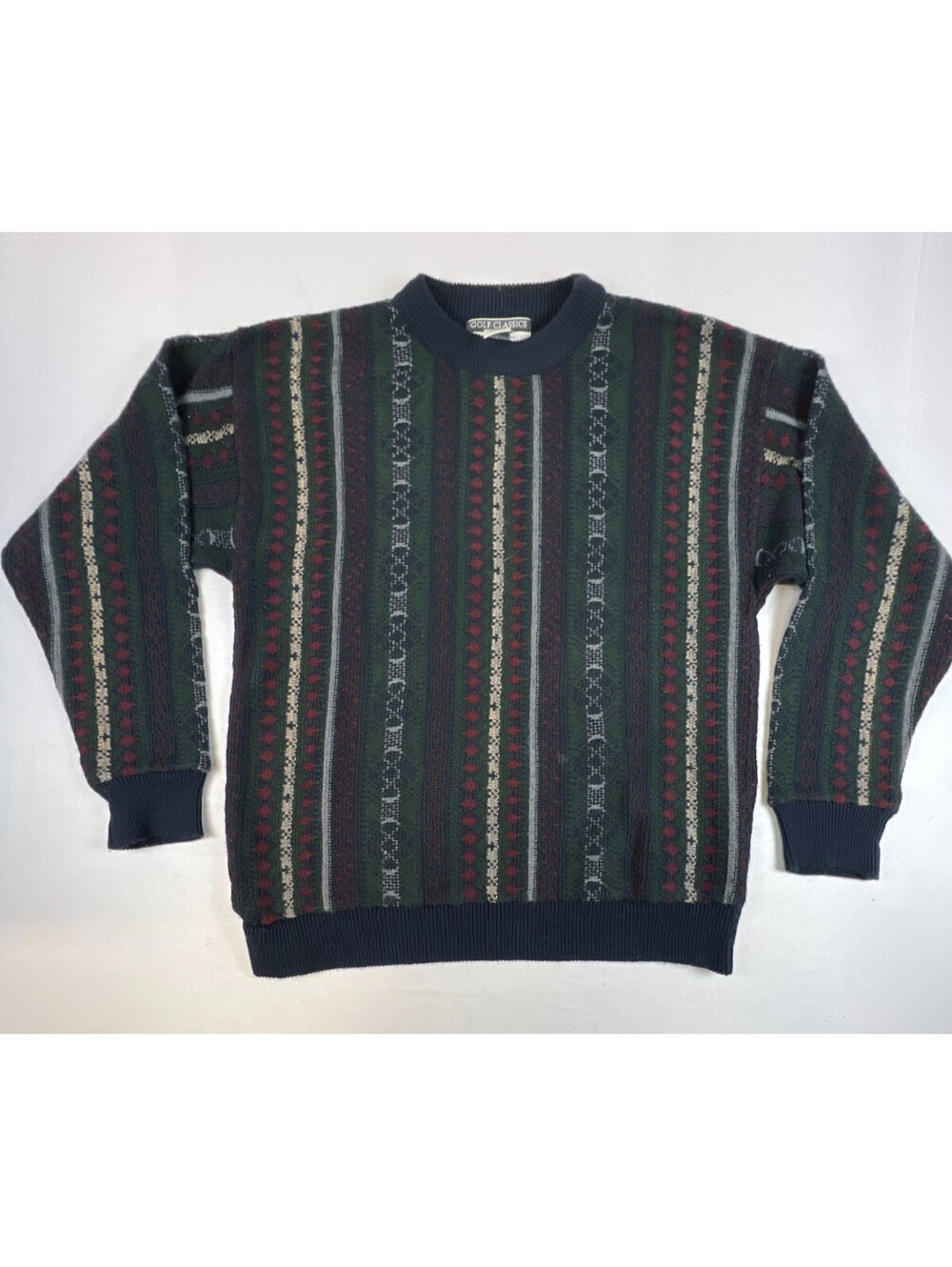 Vintage Golf Classics by Munsingwear Men L Green Striped Fair Isle Knit Sweater